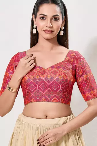 women's brocade padded back open elbow-sleeves saree blouse