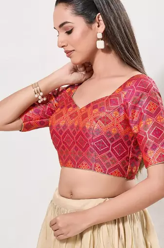 women's brocade padded back open elbow-sleeves saree blouse