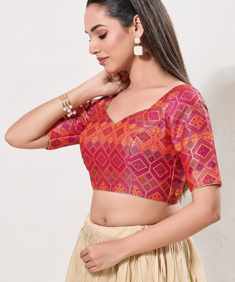 women's brocade padded back open elbow-sleeves saree blouse