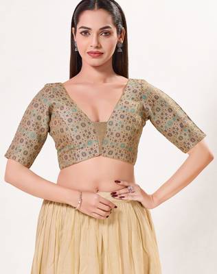 women's brocade padded back open elbow-sleeves saree blouse 1