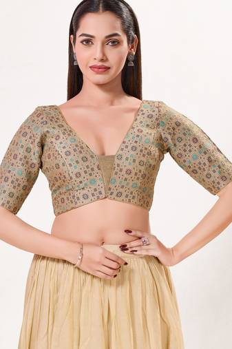 women's brocade padded back open elbow-sleeves saree blouse