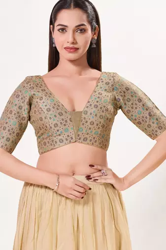 women's brocade padded back open elbow-sleeves saree blouse