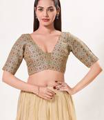 women's brocade padded back open elbow-sleeves saree blouse