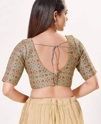 women's brocade padded back open elbow-sleeves saree blouse 2