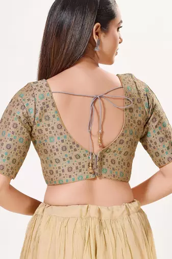women's brocade padded back open elbow-sleeves saree blouse