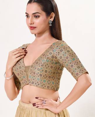 women's brocade padded back open elbow-sleeves saree blouse 3