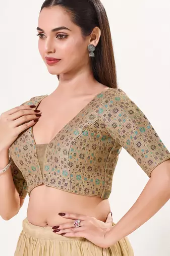 women's brocade padded back open elbow-sleeves saree blouse