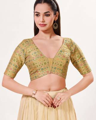 women's brocade padded back open elbow-sleeves saree blouse 1