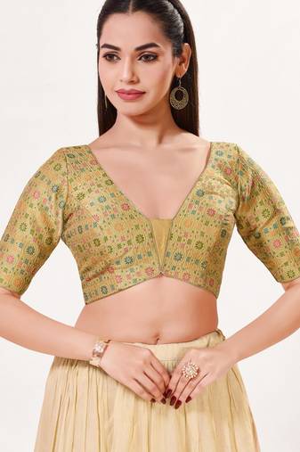 women's brocade padded back open elbow-sleeves saree blouse