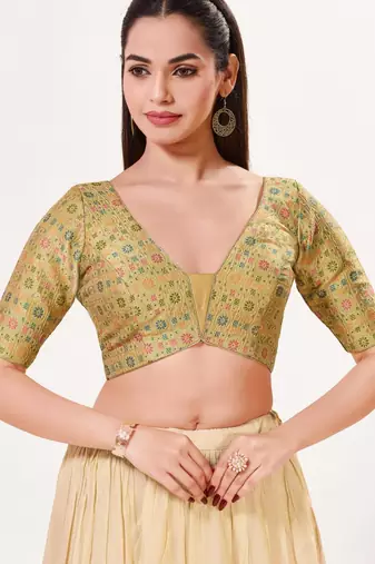 women's brocade padded back open elbow-sleeves saree blouse