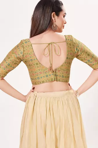 women's brocade padded back open elbow-sleeves saree blouse