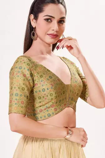 women's brocade padded back open elbow-sleeves saree blouse
