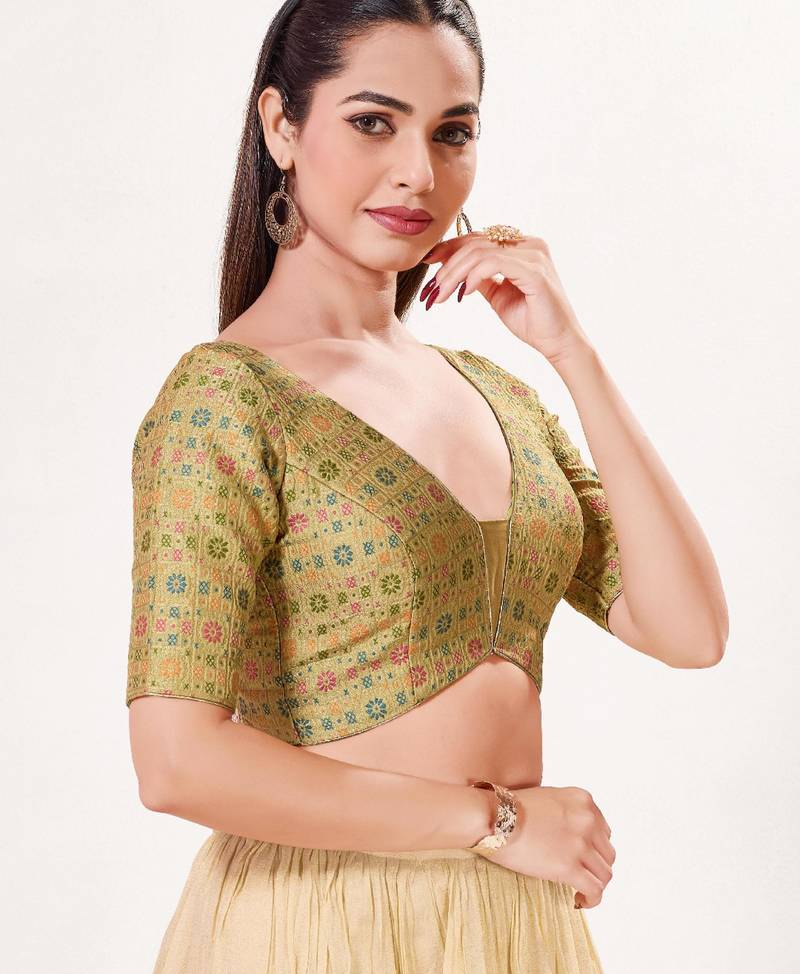 women's brocade padded back open elbow-sleeves saree blouse