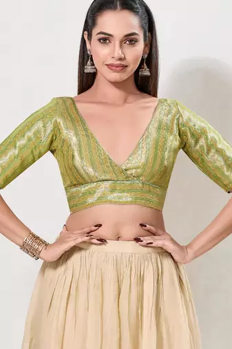 women's brocade padded back open elbow-sleeves saree blouse