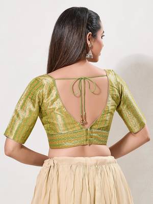 women's brocade padded back open elbow-sleeves saree blouse 2