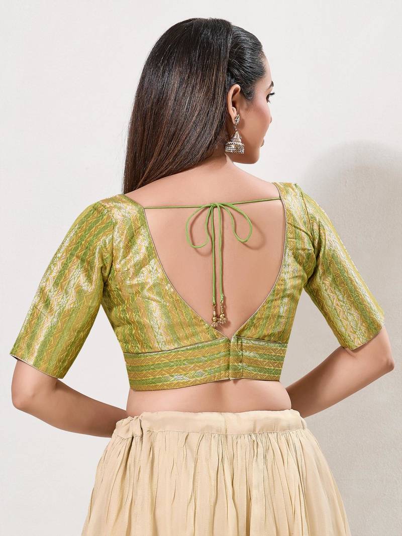 women's brocade padded back open elbow-sleeves saree blouse