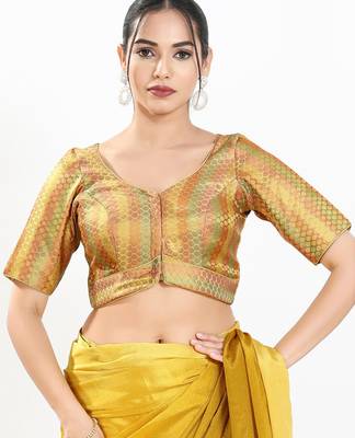 women's brocade padded front open elbow-sleeves saree blouse 1