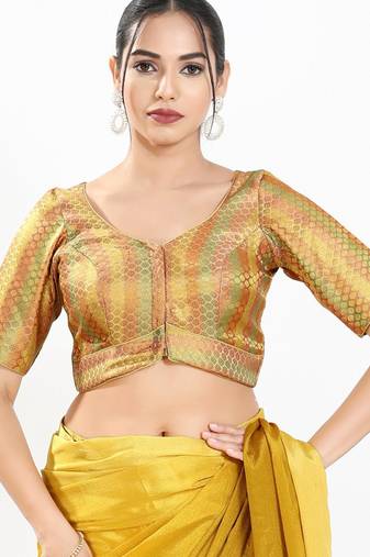 women's brocade padded front open elbow-sleeves saree blouse