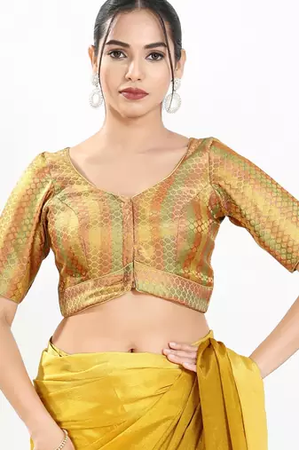 women's brocade padded front open elbow-sleeves saree blouse