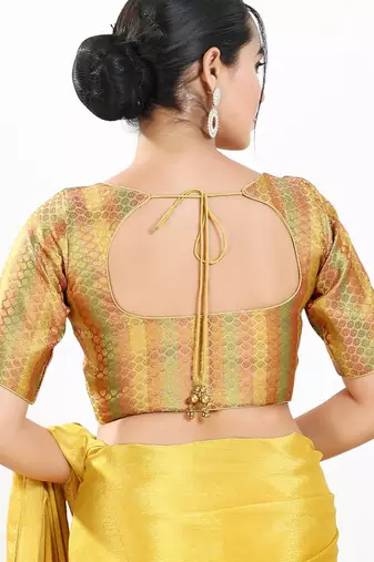 women's brocade padded front open elbow-sleeves saree blouse