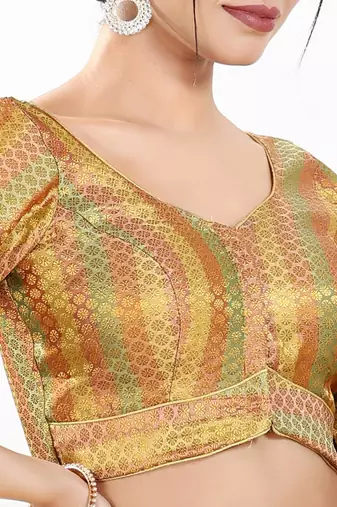 women's brocade padded front open elbow-sleeves saree blouse