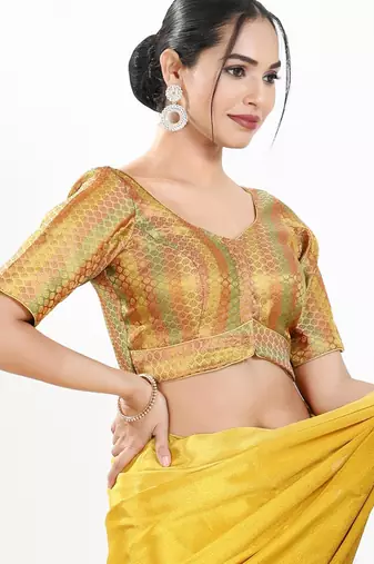 women's brocade padded front open elbow-sleeves saree blouse