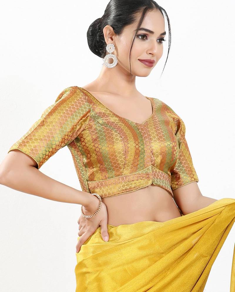 women's brocade padded front open elbow-sleeves saree blouse