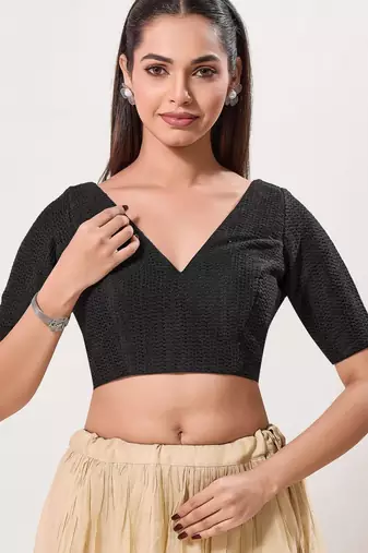 women's crocheo padded back-open elbow-length-sleeves saree blouse