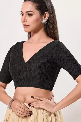 women's crocheo padded back-open elbow-length-sleeves saree blouse