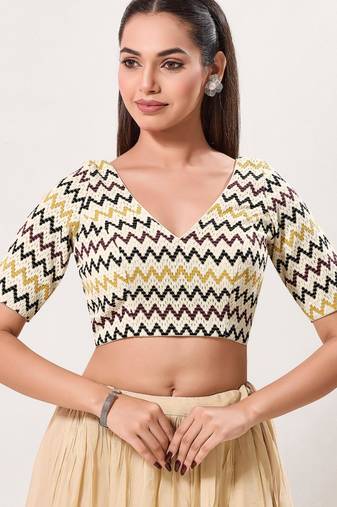 women's crocheo padded back-open elbow-length-sleeves saree blouse