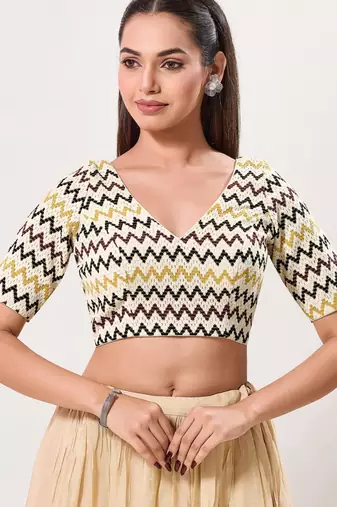 women's crocheo padded back-open elbow-length-sleeves saree blouse