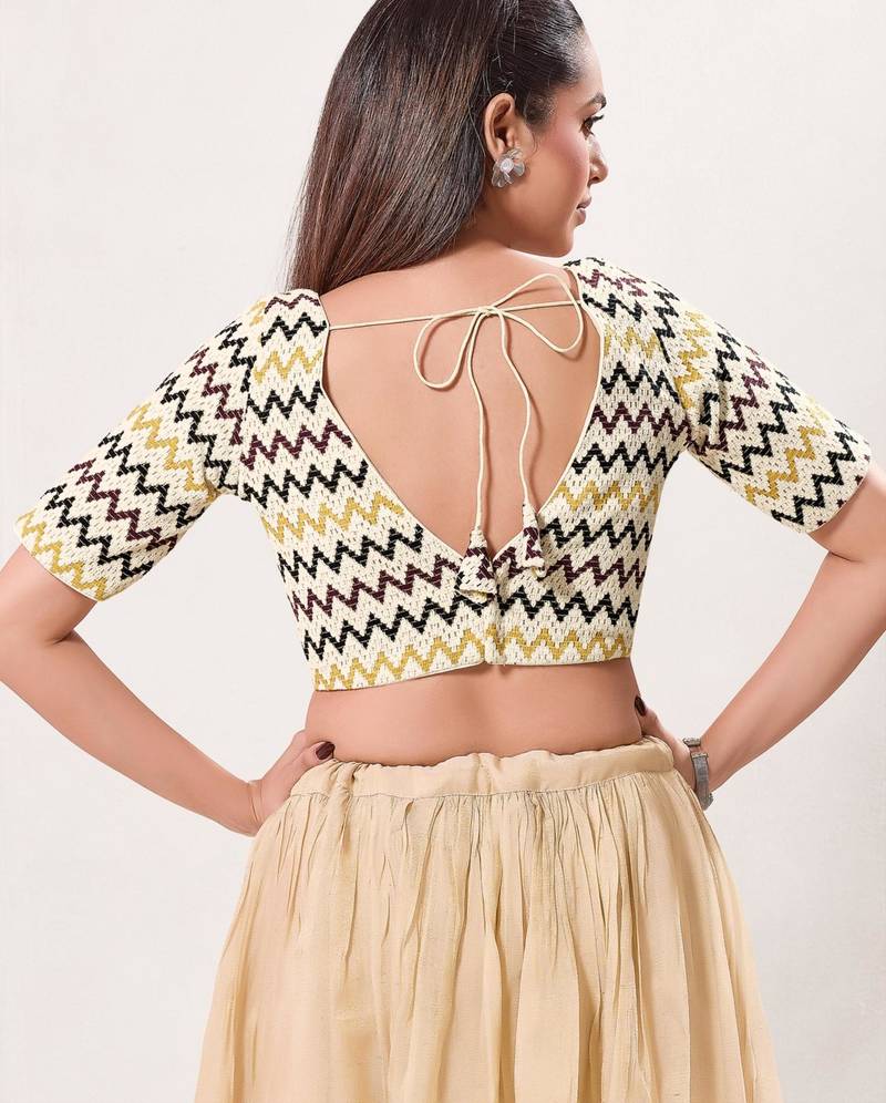 women's crocheo padded back-open elbow-length-sleeves saree blouse