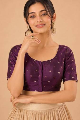 women's tafeta silk blend  padded front open elbow-sleeves saree blouse