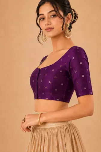 women's tafeta silk blend  padded front open elbow-sleeves saree blouse