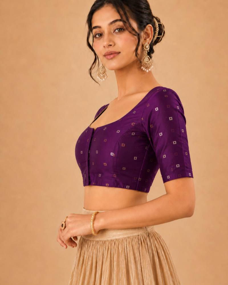 women's tafeta silk blend  padded front open elbow-sleeves saree blouse