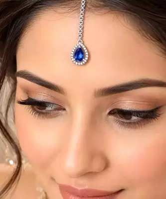 Blue Teardrop Maang Tikka, CZ Stone Indian Bridal Jewelry 1