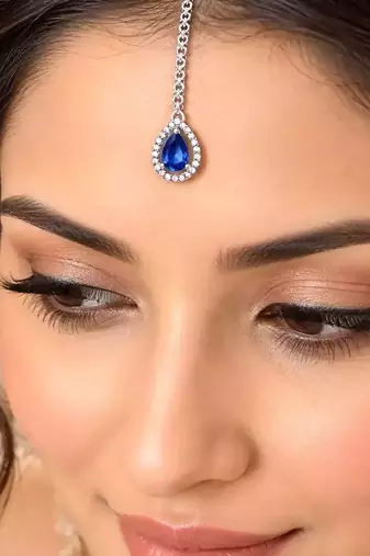 Blue Teardrop Maang Tikka, CZ Stone Indian Bridal Jewelry