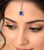 Blue Teardrop Maang Tikka, CZ Stone Indian Bridal Jewelry
