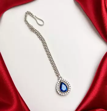 Blue Teardrop Maang Tikka, CZ Stone Indian Bridal Jewelry 2