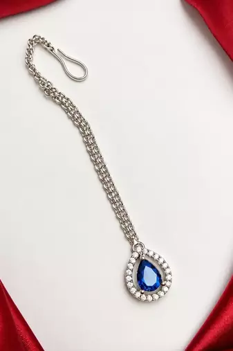 Blue Teardrop Maang Tikka, CZ Stone Indian Bridal Jewelry