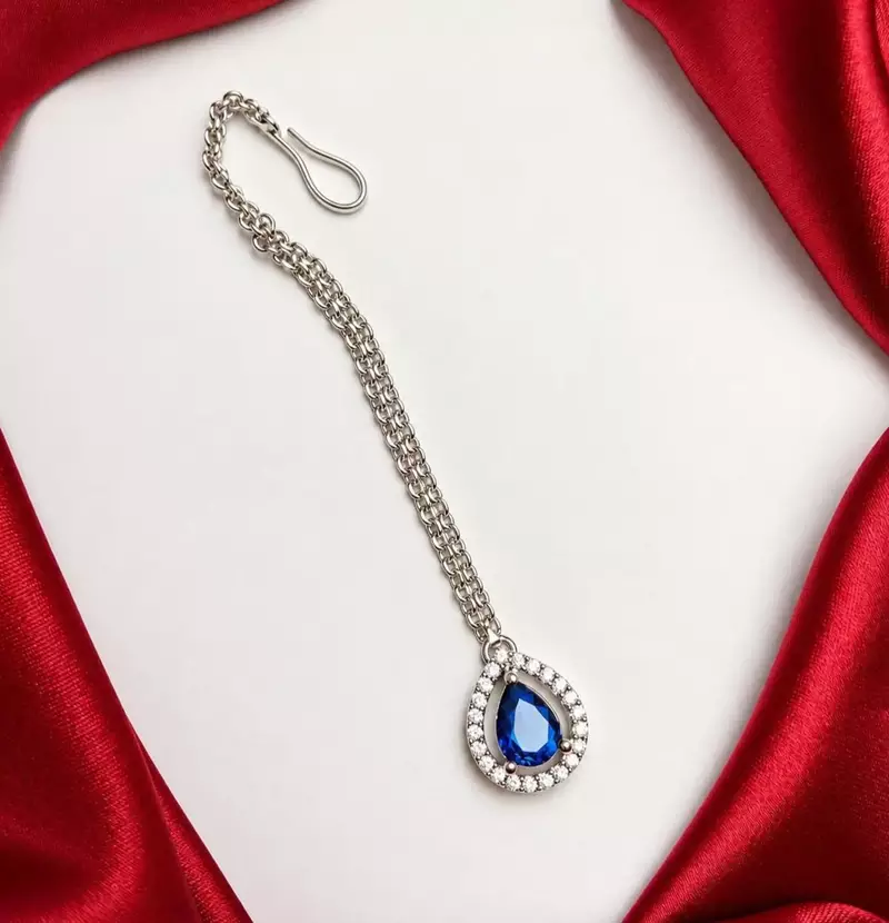 Blue Teardrop Maang Tikka, CZ Stone Indian Bridal Jewelry