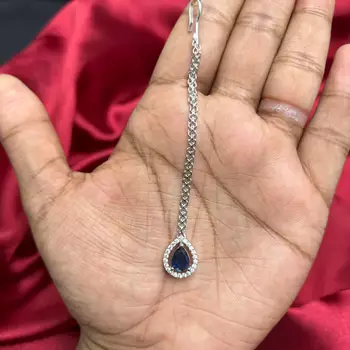 Blue Teardrop Maang Tikka, CZ Stone Indian Bridal Jewelry 3
