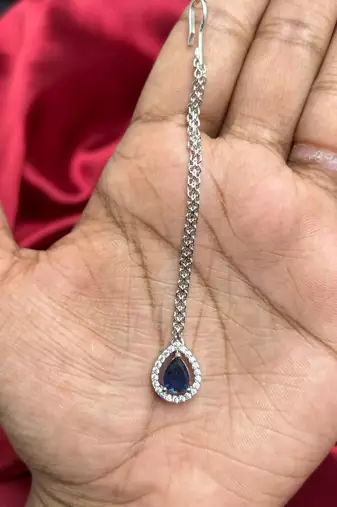 Blue Teardrop Maang Tikka, CZ Stone Indian Bridal Jewelry