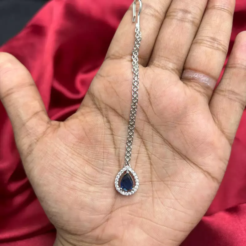 Blue Teardrop Maang Tikka, CZ Stone Indian Bridal Jewelry