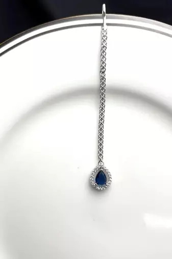 Blue Teardrop Maang Tikka, CZ Stone Indian Bridal Jewelry
