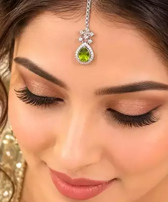 Green Stone Kundan Maang Tikka, Indian Bridal Headpiece 1