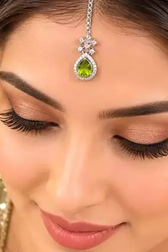 Green Stone Kundan Maang Tikka, Indian Bridal Headpiece