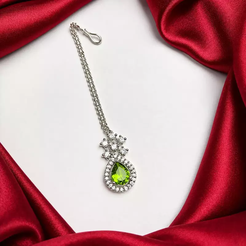 Green Stone Kundan Maang Tikka, Indian Bridal Headpiece
