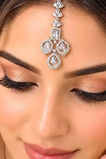 Silver CZ Maang Tikka, Floral Bridal Headpiece