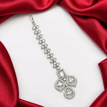 Silver CZ Maang Tikka, Floral Bridal Headpiece 2
